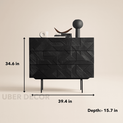 Voro Noir Modern Minimalist Solid Wood Chest of Drawers Black Textured Fronts, Metal Legs Ideal for Bedroom, Living Room & Hallway