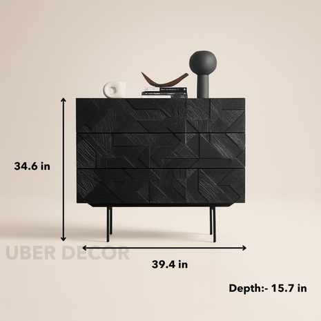 Voro Noir Modern Minimalist Solid Wood Chest of Drawers Black Textured Fronts, Metal Legs Ideal for Bedroom, Living Room & Hallway - Uber Decor