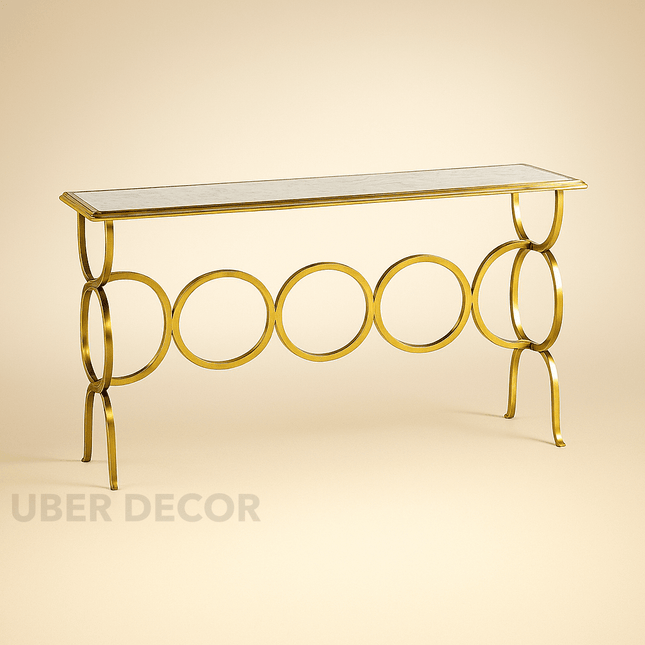 Cirque Luxe Mid-Century Modern Console Table – White Marble Top with Sculptural Gold Ring Base for Hallway or Living Room