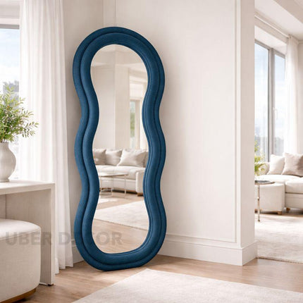 Velvet Wave Irregular Wall Mirror - Upholstered Suede Velvet Frame, Asymmetric Full-Length Body Mirror for Modern Home Decor