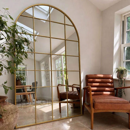 GloryArch- Arched Grid Full Length Window Style Metal Framed Mirror for Living Room, Bedroom, Clothing Boutique or Outdoor