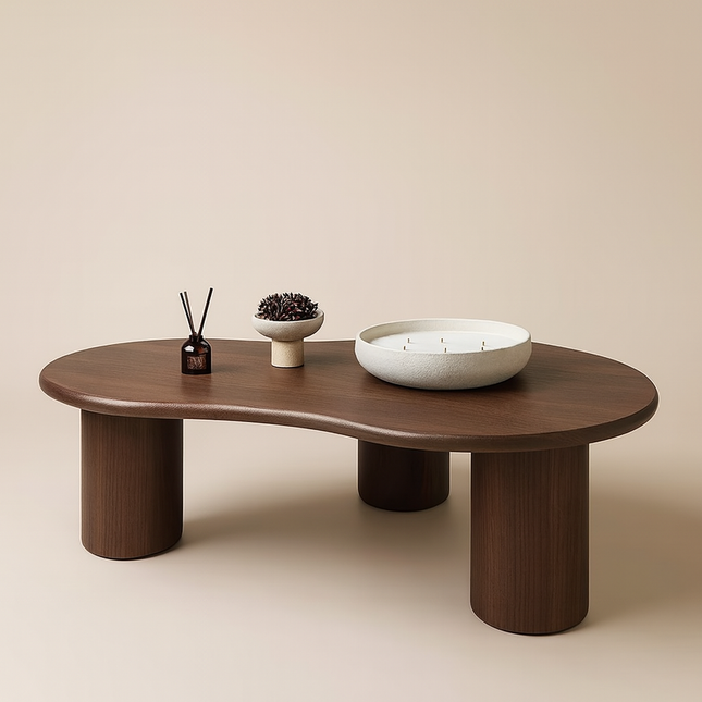Amur Organic Mid Century Japandi Freeform Coffee Table – Solid Wood Top with Cylindrical Legs, Natural Matte Finish – Sculptural Centerpiece for Living Room