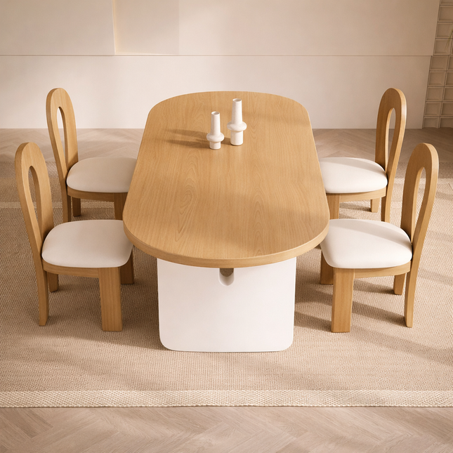 Arelis Oval Dining Table Contemporary Minimal Design Solid Wood Base Made to Order Dining Table for Dining Room and Kitchen Dining Area