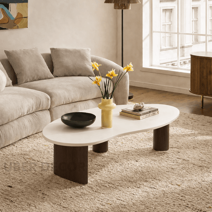 Tangon Mid Century Modern Japandi Coffee Table with Organic Freeform Wooden Top and Wooden Block Legs for Living Room