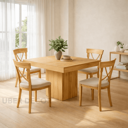 Liron Axis Solid Wood Dining Table in Natural Wood Finish with Central Pedestal Base and Square Top for Modern and Compact Interiors