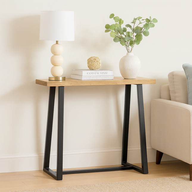 Terra Beam Display Table – Natural Wood Top & Black Metal Angled Base for Entryway & Living Spaces