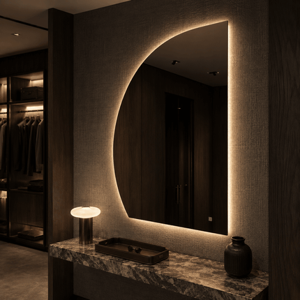 Mabel Asymmetrical LED Mirror – Frameless Wall Hanging Mirror with either Front or Back Lit for Vanity & Bathroom
