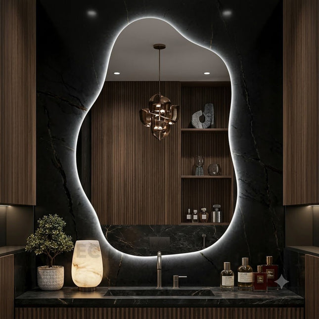 Cove Frameless Pebble LED Mirror with Front or Back Lit for Modern Vanity Spaces