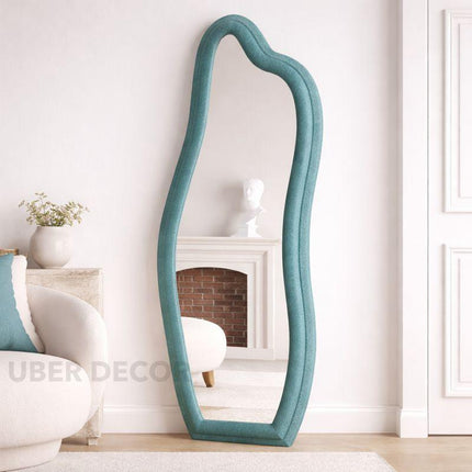 Whimsical Wave Upholstered Full Length Bedroom Mirror- Modern Wavy Irregular Arched Mirror