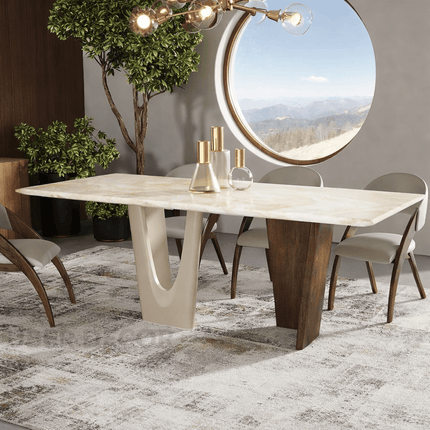 Griha Dining Table with Marble Tabletop and Solid Wood Base Inspired by Warm Indian Homes for Elegant Dining Rooms