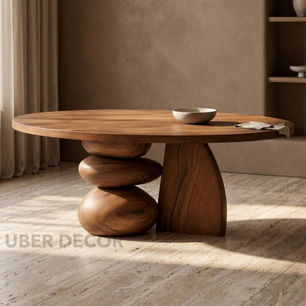 Chindwin Wabi-Sabi Sculptural Organic Japandi Coffee Table – Artistic Pebble Base Wooden Center Table for Living Rooms