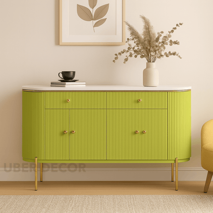 NovaLine Console Table – Custom Marble Top with Fluted Front & Multiple Storage Drawers Mid‑Century Modern Entryway Accent