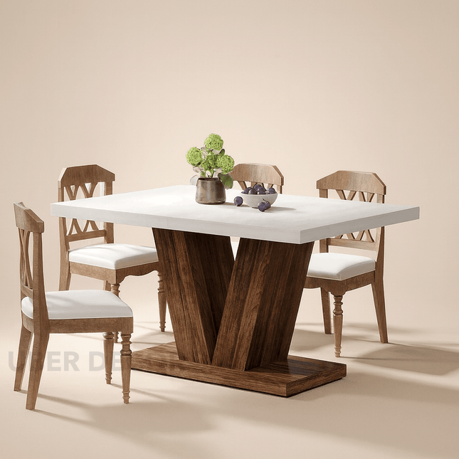 Harbor Grove Modern Rustic White Stone Top Dining Table Set with Solid Wood V-Base and Wooden Chairs for Cozy Dining Room
