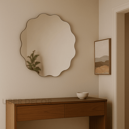 Scallop Serenity Asymmetric Frameless Round Wall Mirror- Aesthetic Ripple Shaped Circular Mirror for Wall Decor