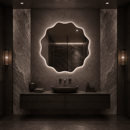 Marigold Wavy Frameless LED Wall Mirror with Front or Back Lit for Bathroom Vanity and Modern Interiors
