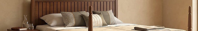 TeakRise Wabi-Sabi Four-Poster Panel Bed – Japandi Teak Wooden Bed for Boutique Hotel Suites