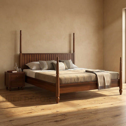 TeakRise Wabi-Sabi Four-Poster Panel Bed – Japandi Teak Wooden Bed for Boutique Hotel Suites