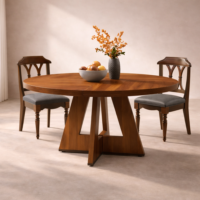 Autumn Circle Round Solid Wood Dining Table Classic Contemporary Design with Sculptural Wooden Pedestal Base for Dining Room