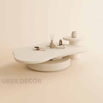 Rio Bianco Italian Light Luxury Cloud Coffee Table – White Sintered Stone Top with Solid Wood Base – Sculptural Centerpiece for Living Rooms and Lounge Interiors