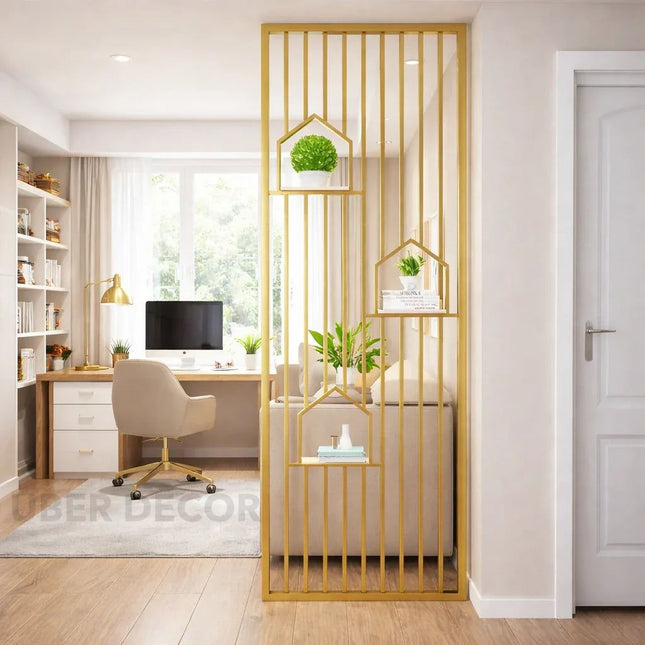 LUCEN Stainless Steel Floor To Ceiling Room Divider With Decorative Shelves For Living Room Entryway And Lounge