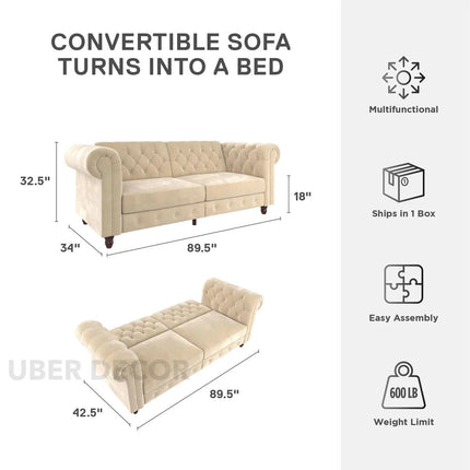 London 89" Futon Sofa- Classic Tufted Chesterfield Style Futon Sofa in Luxury Velvet Fabric