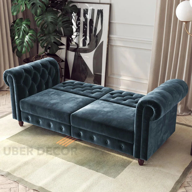 London 89" Futon Sofa- Classic Tufted Chesterfield Style Futon Sofa in Luxury Velvet Fabric - Uber Decor