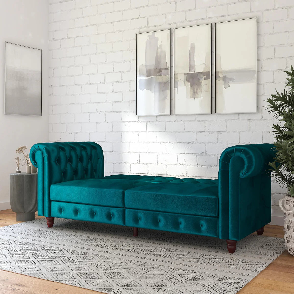 London 89" Futon Sofa- Classic Tufted Chesterfield Style Futon Sofa in Luxury Velvet Fabric