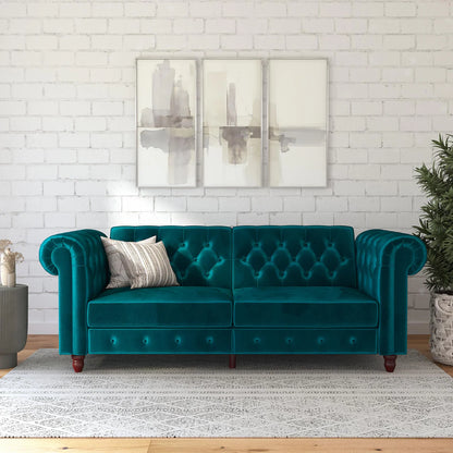 London 89" Futon Sofa- Classic Tufted Chesterfield Style Futon Sofa in Luxury Velvet Fabric