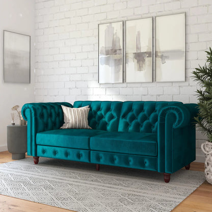 London 89" Futon Sofa- Classic Tufted Chesterfield Style Futon Sofa in Luxury Velvet Fabric