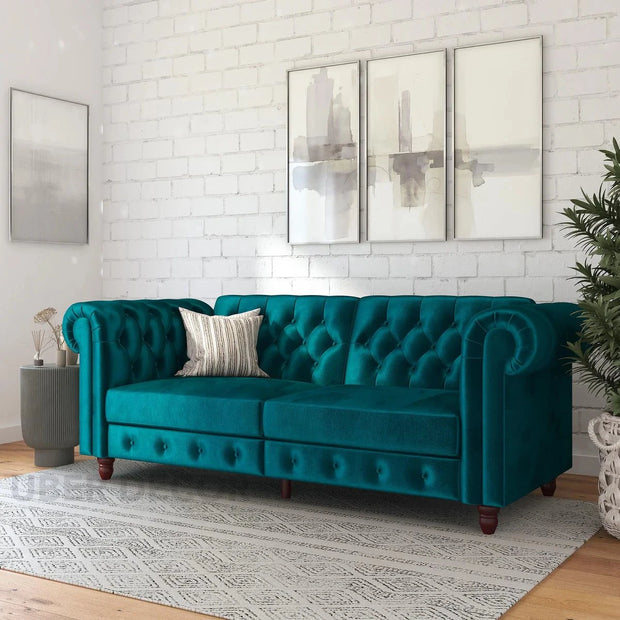 London 89" Futon Sofa- Classic Tufted Chesterfield Style Futon Sofa in Luxury Velvet Fabric - Uber Decor