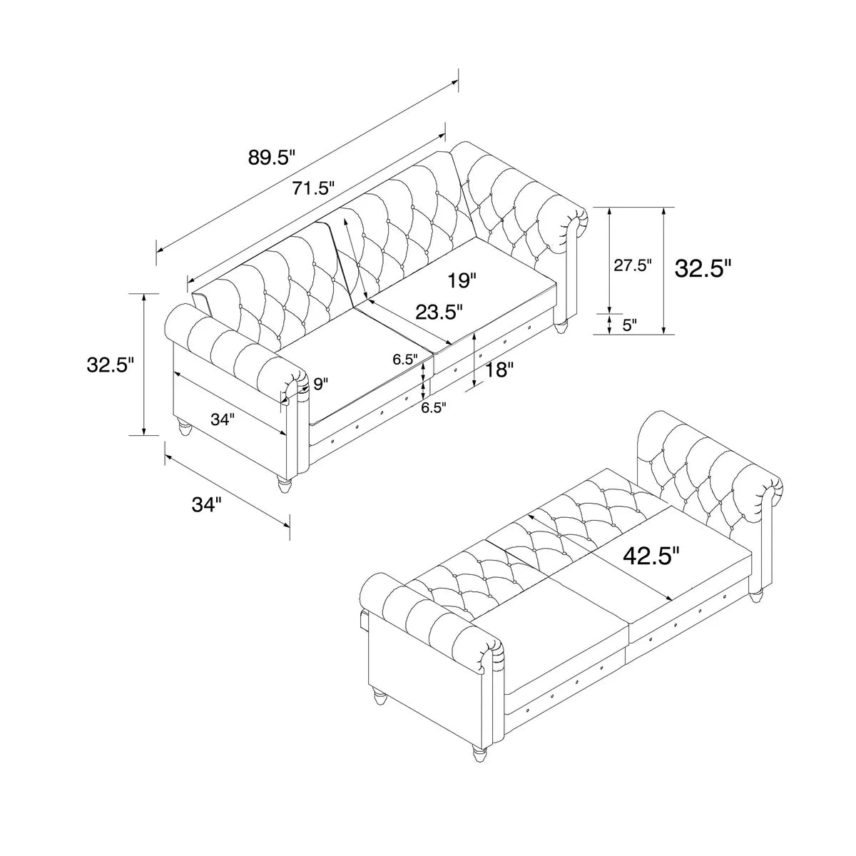 London 89" Futon Sofa- Classic Tufted Chesterfield Style Futon Sofa in Luxury Velvet Fabric