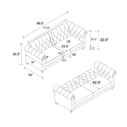 London 89" Futon Sofa- Classic Tufted Chesterfield Style Futon Sofa in Luxury Velvet Fabric