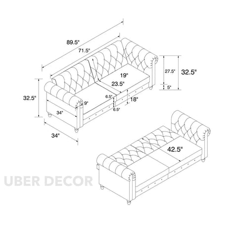 London 89" Futon Sofa- Classic Tufted Chesterfield Style Futon Sofa in Luxury Velvet Fabric - Uber Decor
