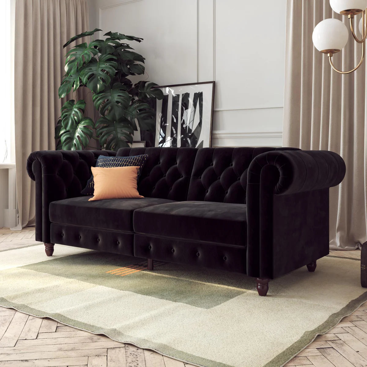 London 89" Futon Sofa- Classic Tufted Chesterfield Style Futon Sofa in Luxury Velvet Fabric