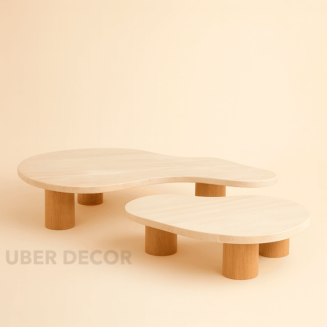 Beni River Flow Coffee Table Set of 2, Mid Century Modern European Wooden Freeform Center Tables for Living Room