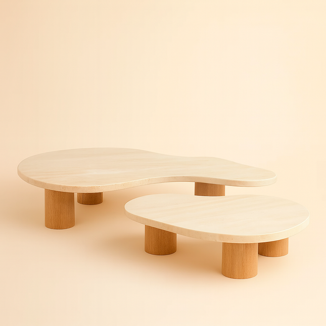 Beni River Flow Coffee Table Set of 2, Mid Century Modern European Travertine and Wood Freeform Center Tables for Living Room