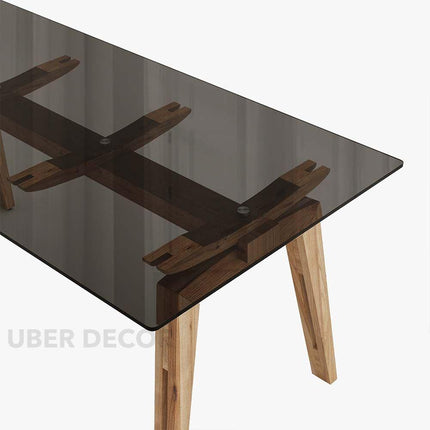 Clarion Dining Table with Black Glass Tabletop and Solid Wood Legs Inspired by Modern European Design for Elegant Dining Spaces