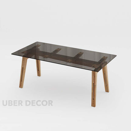 Clarion Dining Table with Black Glass Tabletop and Solid Wood Legs Inspired by Modern European Design for Elegant Dining Spaces