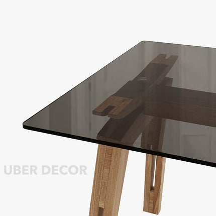 Clarion Dining Table with Black Glass Tabletop and Solid Wood Legs Inspired by Modern European Design for Elegant Dining Spaces
