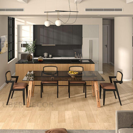 Clarion Dining Table with Black Glass Tabletop and Solid Wood Legs Inspired by Modern European Design for Elegant Dining Spaces