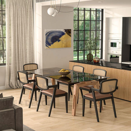 Clarion Dining Table with Black Glass Tabletop and Solid Wood Legs Inspired by Modern European Design for Elegant Dining Spaces