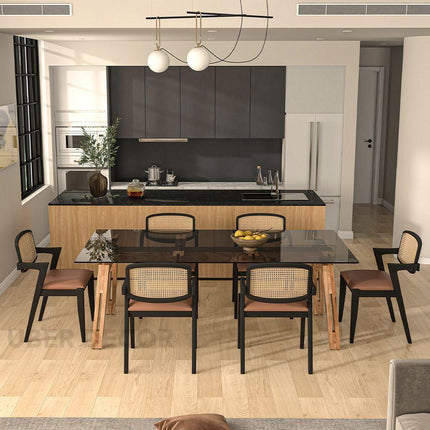 Clarion Dining Table with Black Glass Tabletop and Solid Wood Legs Inspired by Modern European Design for Elegant Dining Spaces