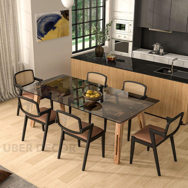 Clarion Dining Table with Black Glass Tabletop and Solid Wood Legs Inspired by Modern European Design for Elegant Dining Spaces