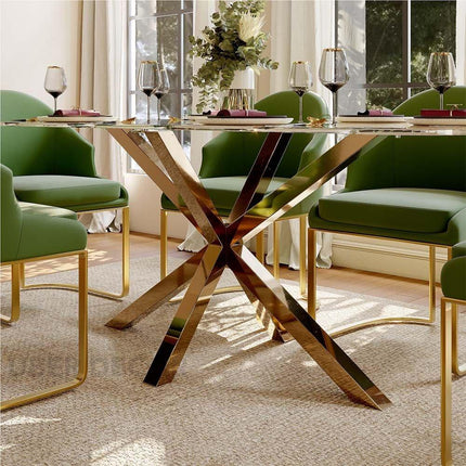 Crystalhaven Dining Table with Tempered Glass Top Modern Luxury Mid Century Inspired Stainless Steel Base for Dining Room and Kitchen Area