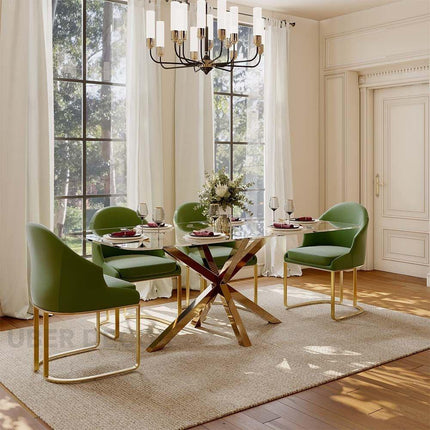 Crystalhaven Dining Table with Tempered Glass Top Modern Luxury Mid Century Inspired Stainless Steel Base for Dining Room and Kitchen Area