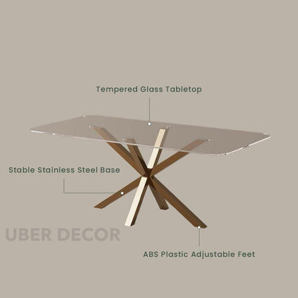 Crystalhaven Dining Table with Tempered Glass Top Modern Luxury Mid Century Inspired Stainless Steel Base for Dining Room and Kitchen Area