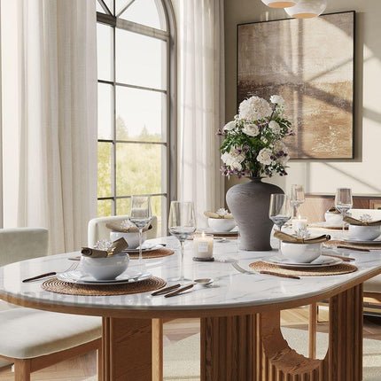 Ivory Hearth Oval Marble Top Dining Table Modern Contemporary Design with Fluted Wooden Pedestal Base for Dining Room