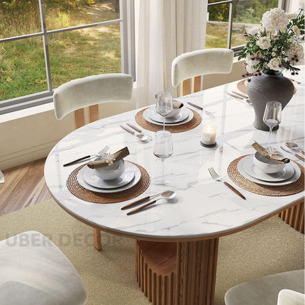 Ivory Hearth Oval Marble Top Dining Table Modern Contemporary Design with Fluted Wooden Pedestal Base for Dining Room