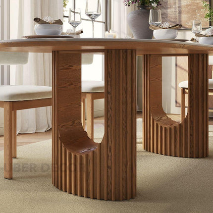 Ivory Hearth Oval Marble Top Dining Table Modern Contemporary Design with Fluted Wooden Pedestal Base for Dining Room