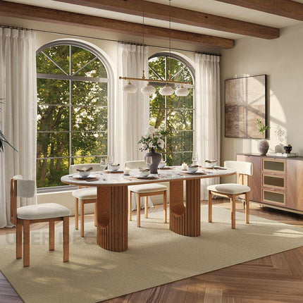 Ivory Hearth Oval Marble Top Dining Table Modern Contemporary Design with Fluted Wooden Pedestal Base for Dining Room